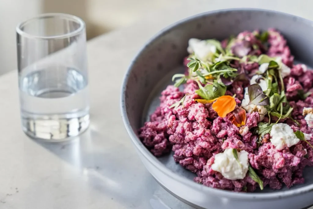 Peedisalat feta ja ürtidega kausis ning klaas vett